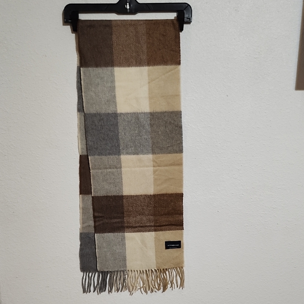 Sutton Studio Beige, Brown & Black Plaid Fringe Scarf 100% Cashmere